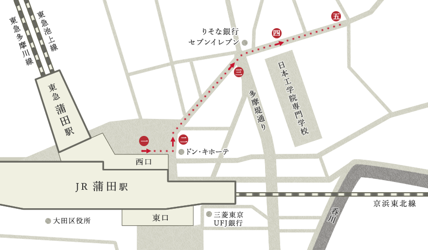 アクセスマップ：蒲田駅から初音鮨へのアクセス